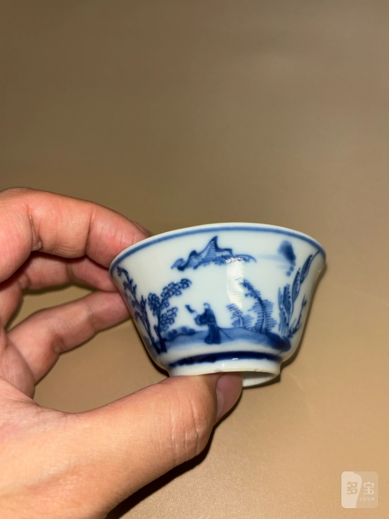清康熙 青花山水人物图杯 - 图2
